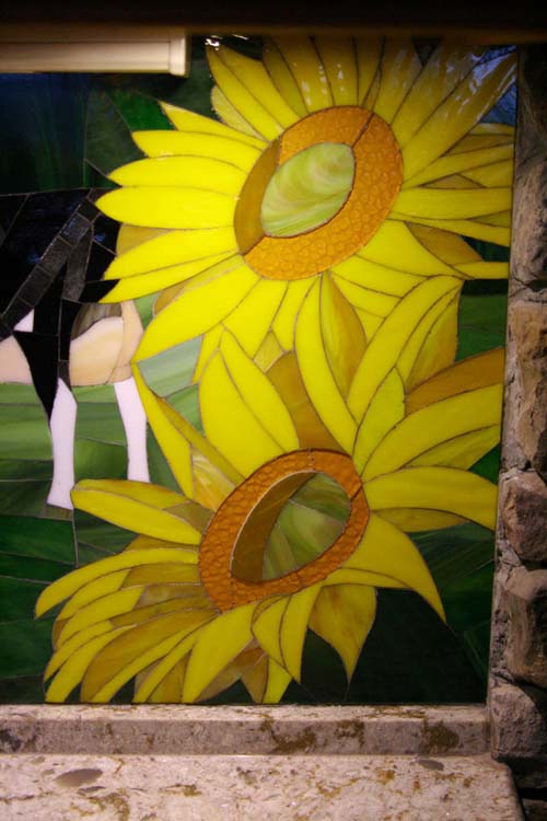 Stained glass mosaic backsplash created for a dairy farm in Pennsylvania.  Design inspired by images of client's barn, property, and prized cows.